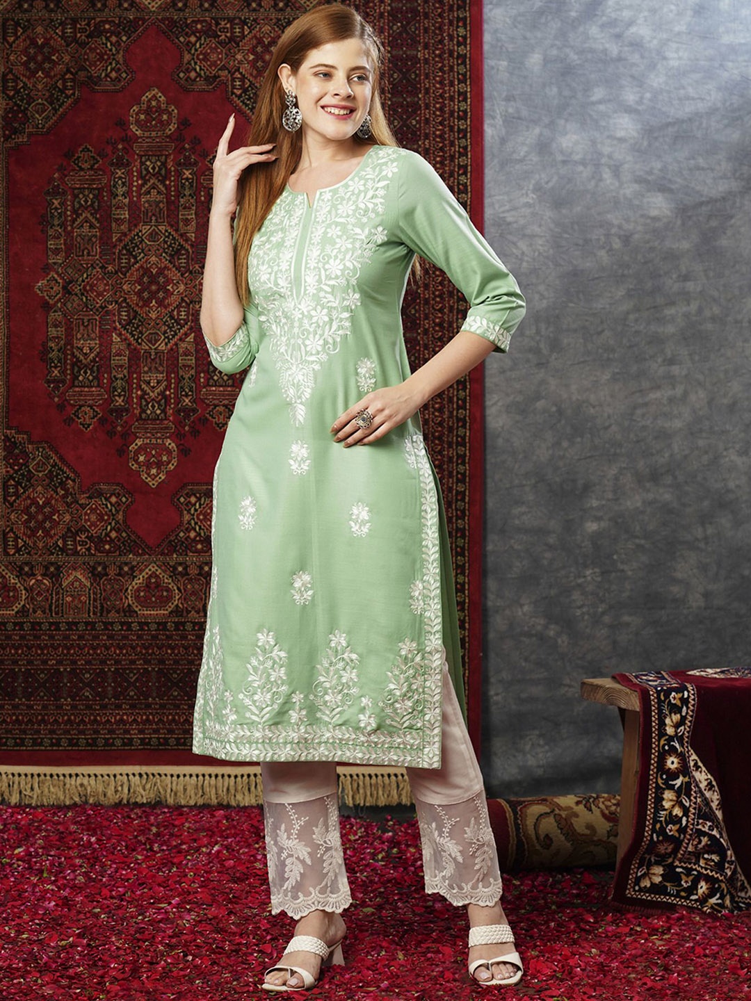 

Anni Designer Floral Embroidered Chikankari Straight Kurta, Green