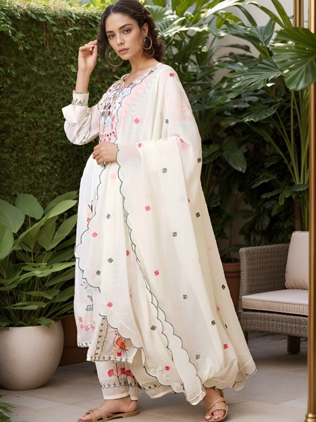 

KALINI Floral Embroidered Kurta with Trousers & Dupatta, White