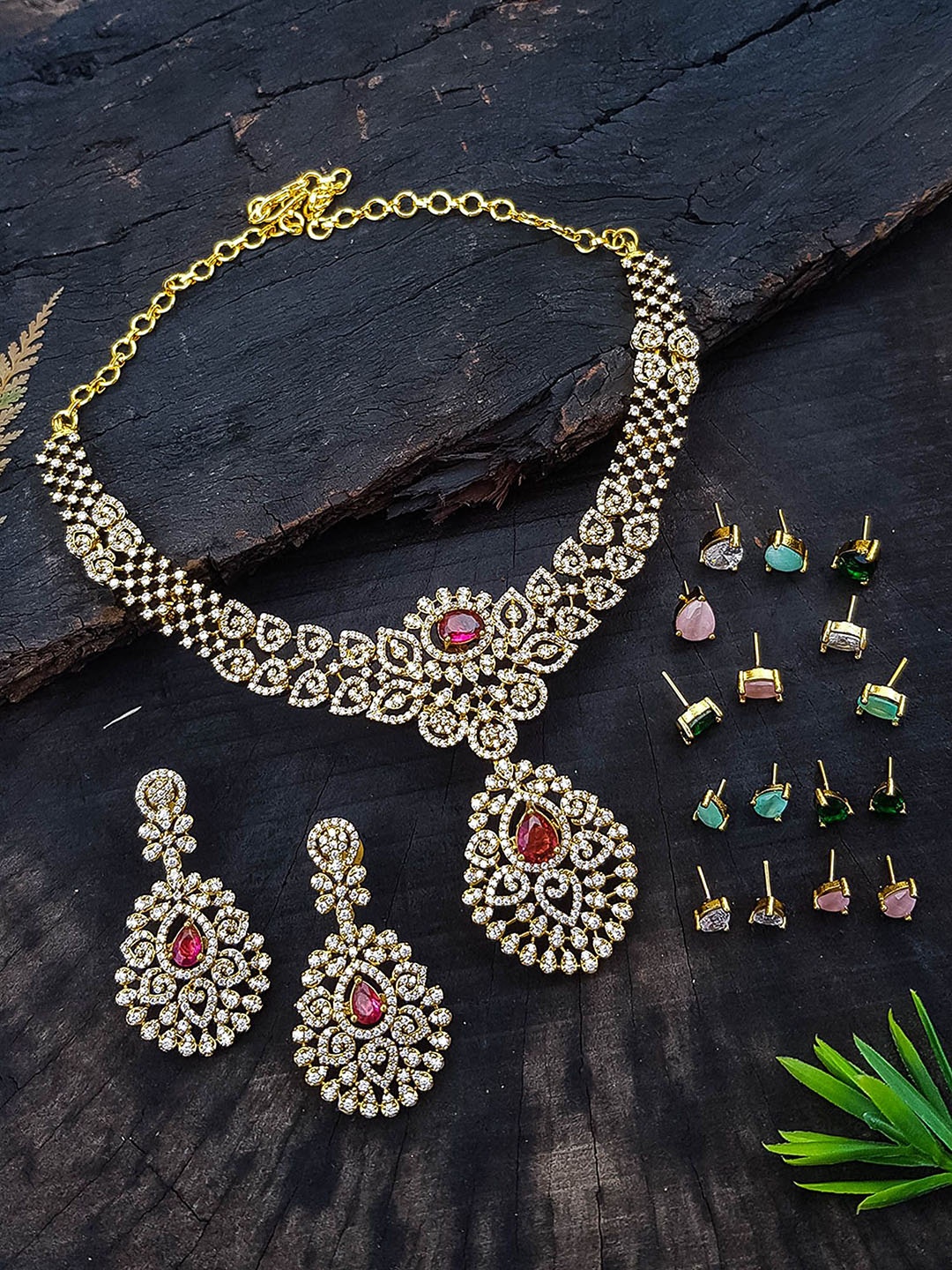 

GRIIHAM Gold-Plated CZ Studded Necklace and Earrings