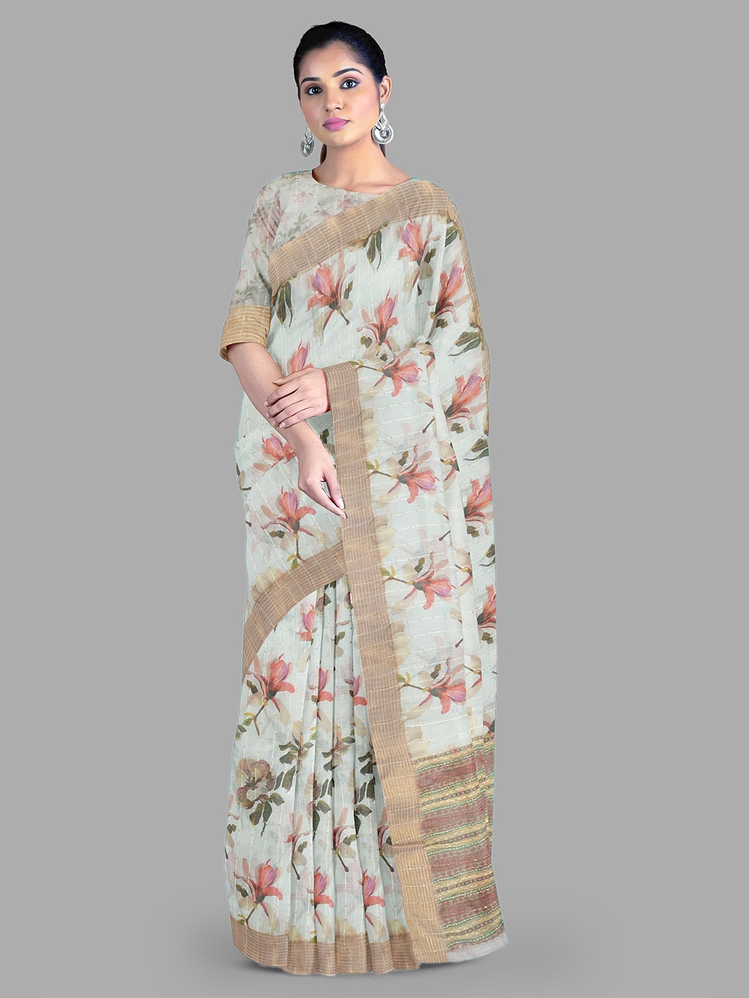 

The Chennai Silks Floral Printed Zari Saree, Off white