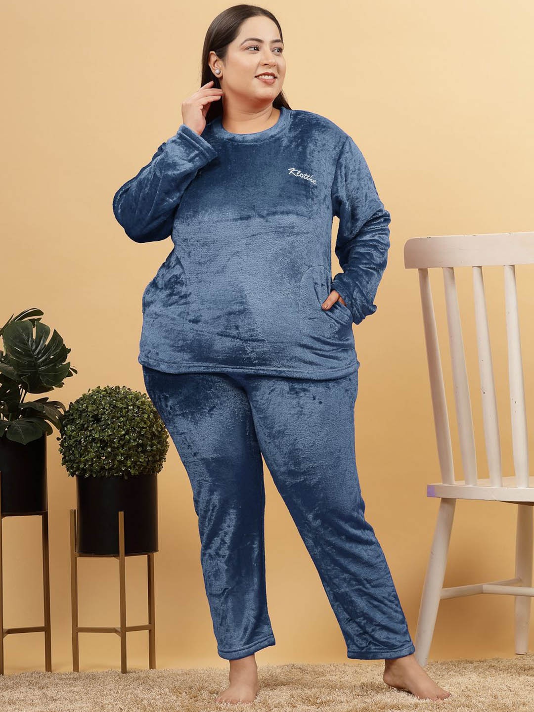 

KLOTTHE Women Plus Size Solid Woolen Night Suit, Navy blue