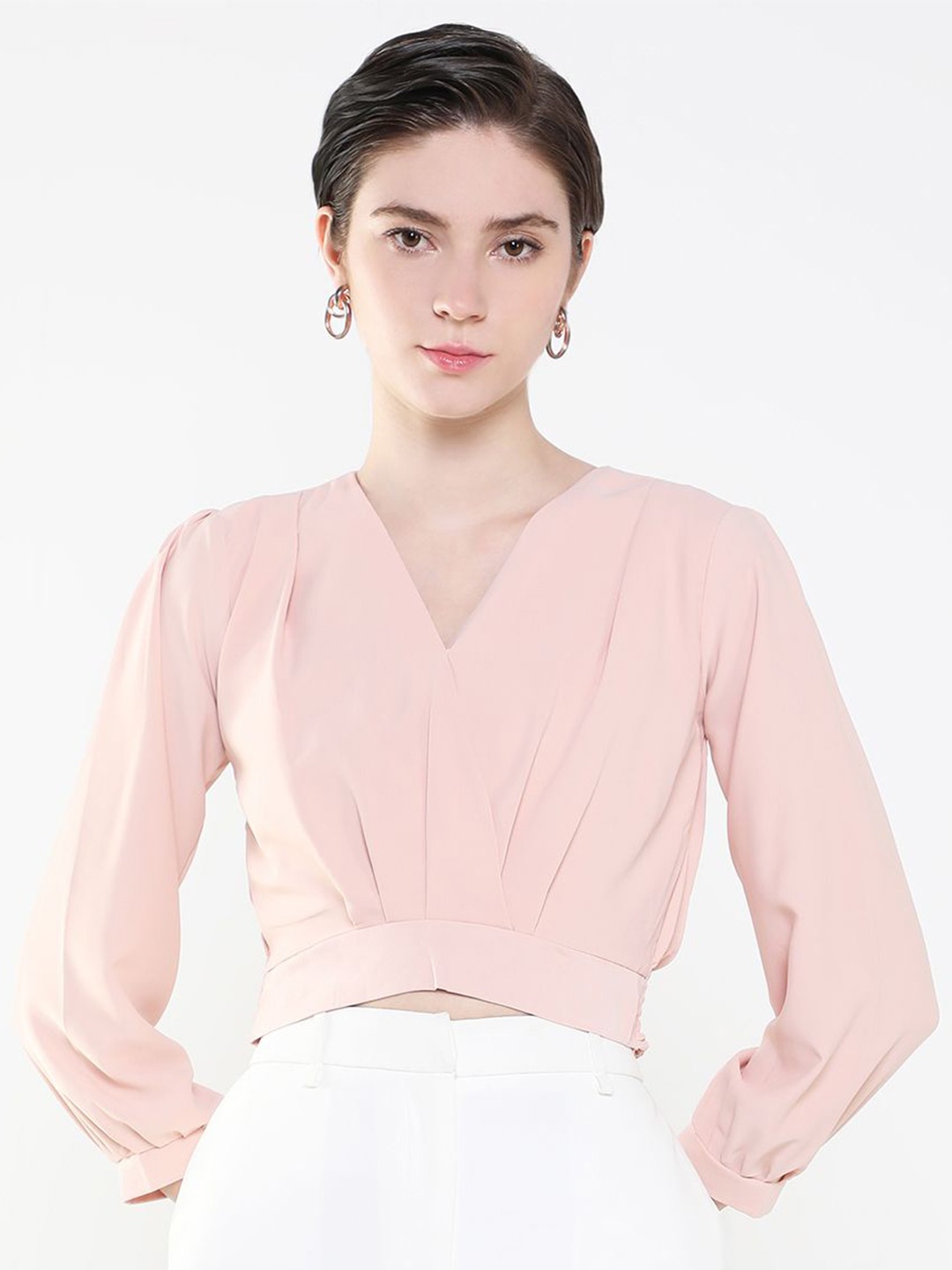 

SHOWOFF Puff Sleeve Crepe Cinched Waist Crop Top, Peach