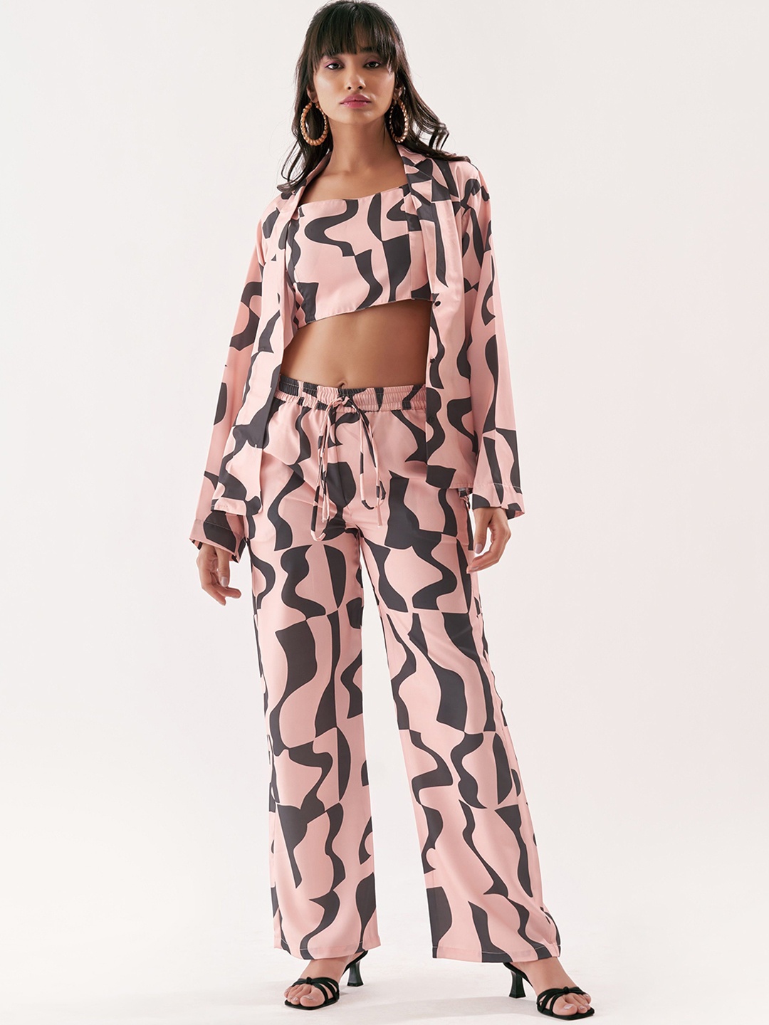 

BOONS n PERKKS Abstract Printed Shoulder Straps Top & Trousers With Shrug, Pink