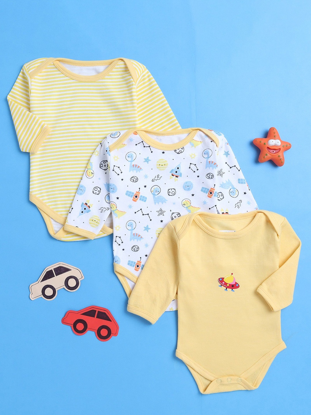 

BUMZEE Infants Pack Of 3 Printed Cotton Bodysuits, Yellow