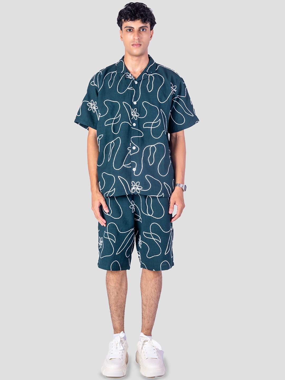 

HOP HEAD Floral Embroidered Cuban Collar Shirt With Shorts, Teal