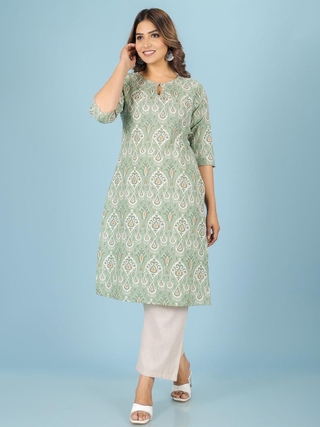 

Aramya Ethnic Motifs Printed Keyhole Neck Linen Straight Kurta, Green