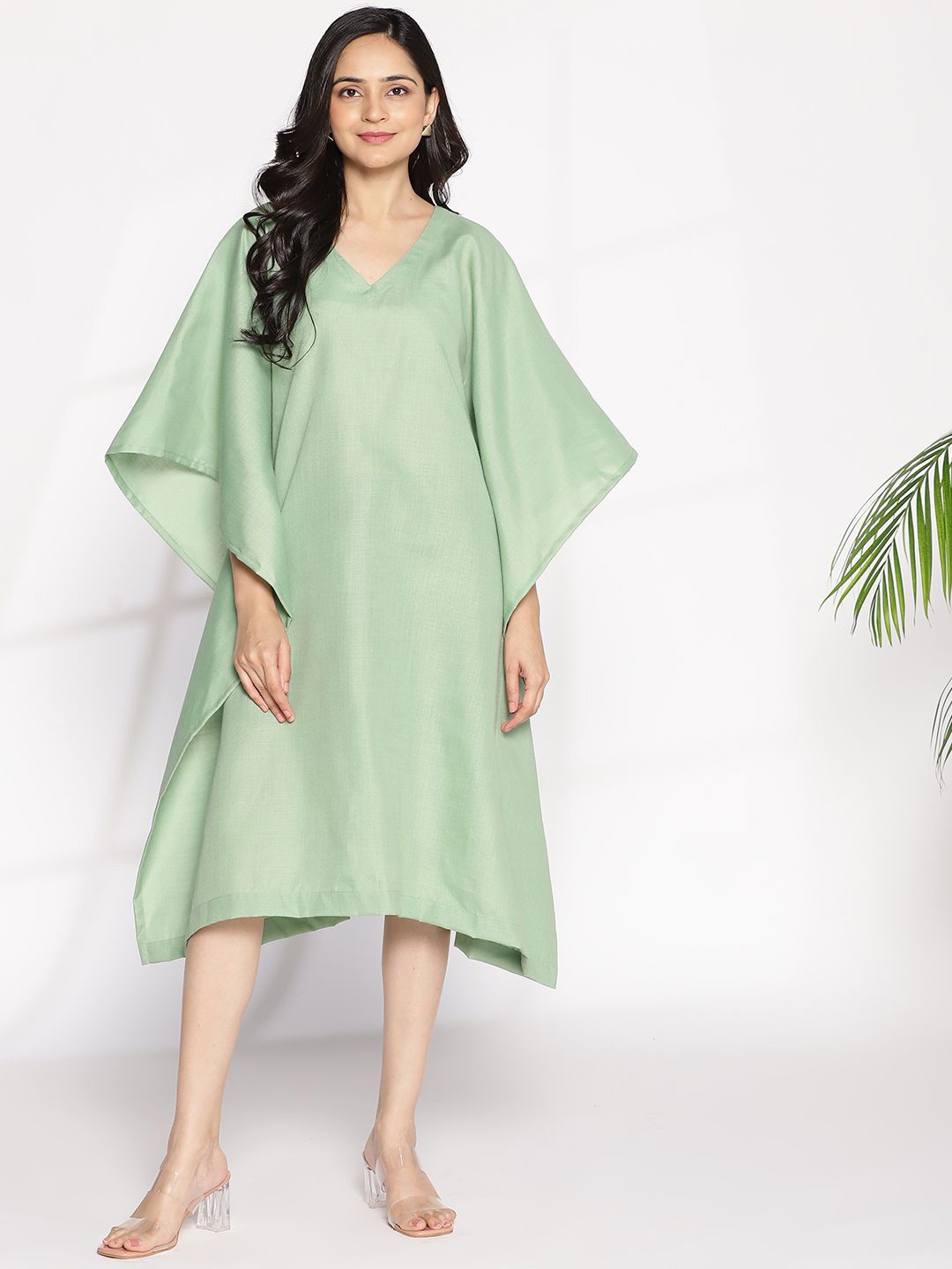 

LetsDressUp Women Cotton Kimono Sleeve Kaftan Midi Dress, Green