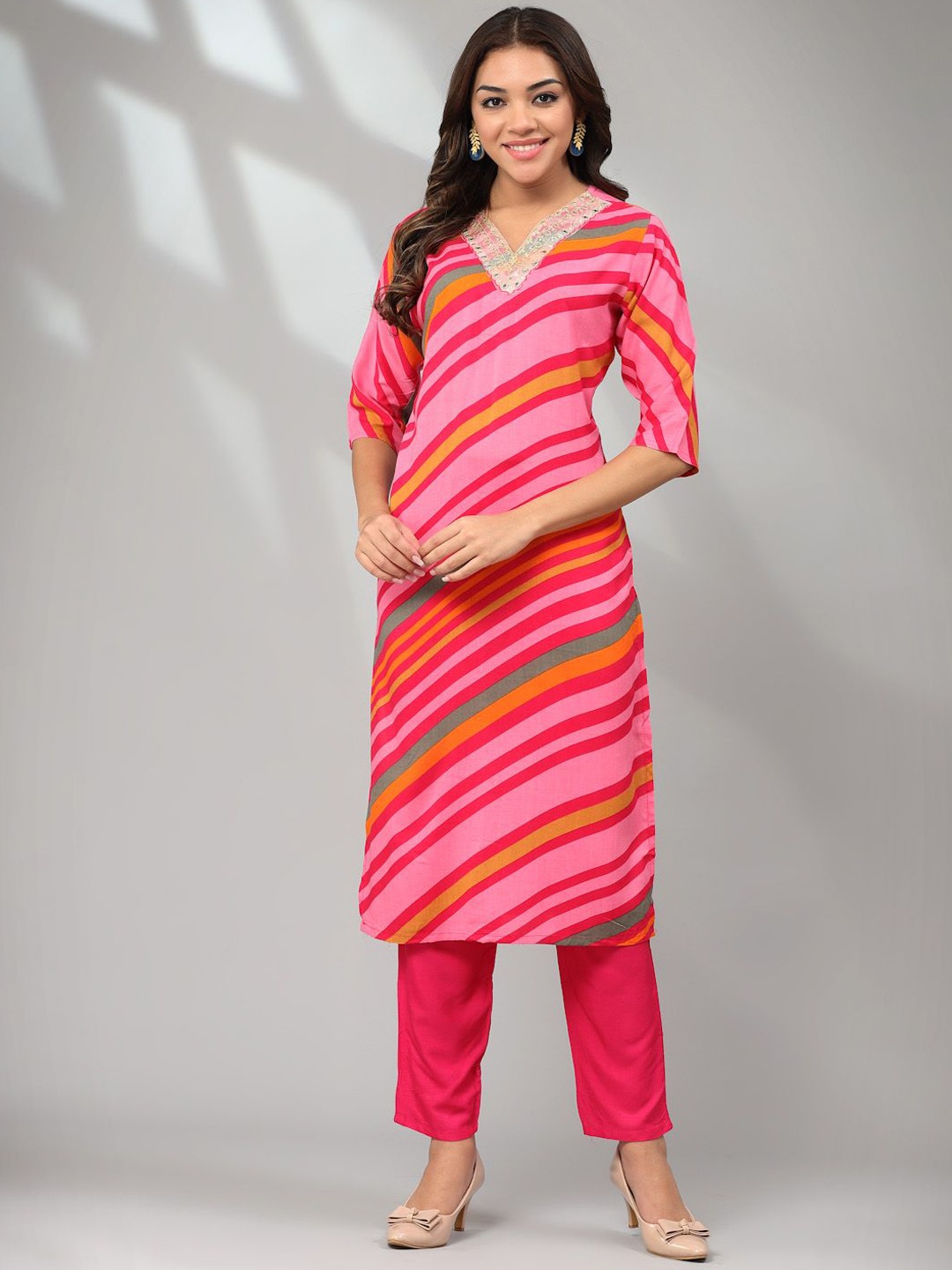 

Piludi Striped Thread Work Kurta with Trousers & Dupatta, Pink