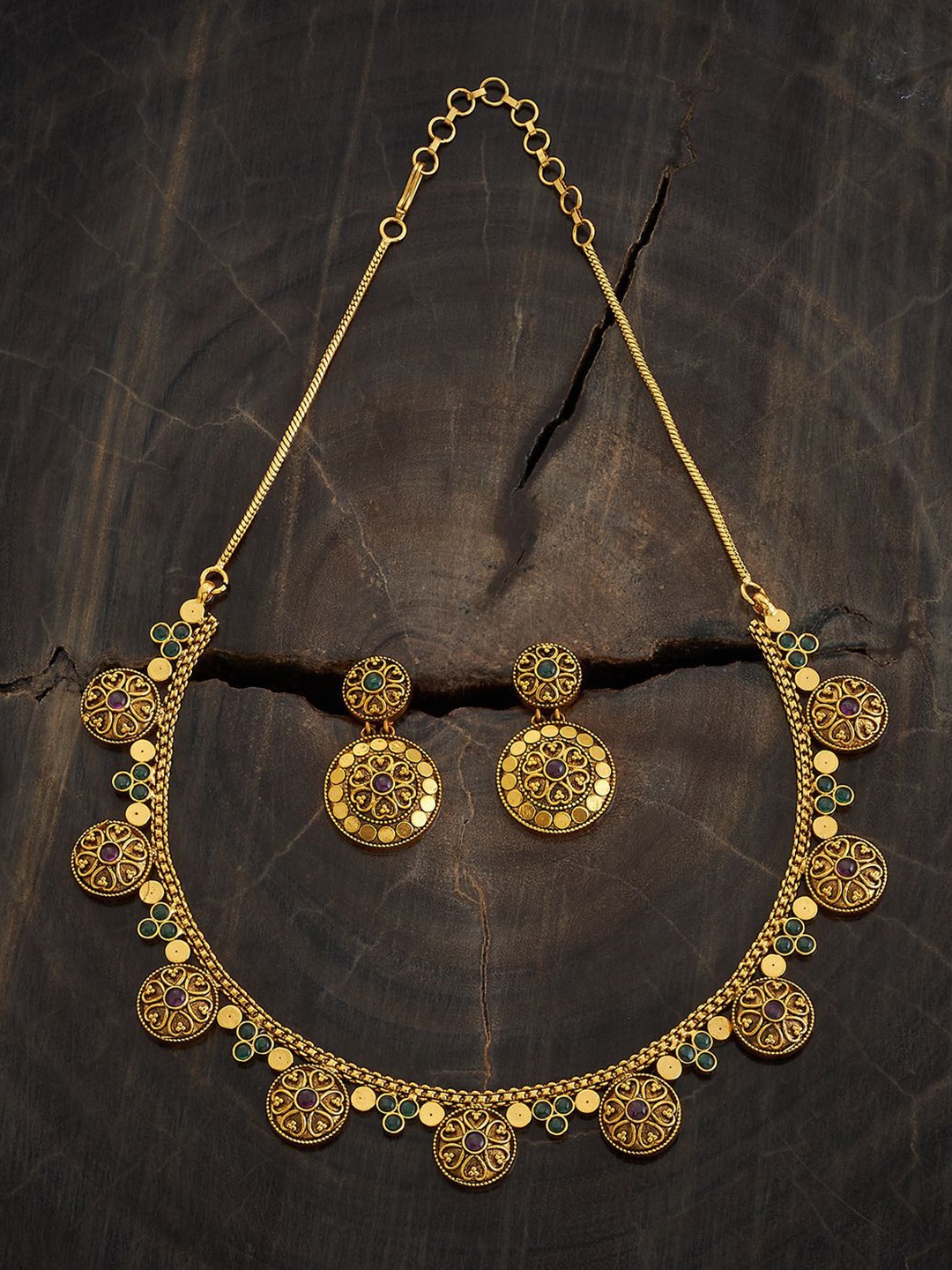 

Kushal's Fashion Jewellery Gold Plated Stone Studded Antique Necklace With Earrings