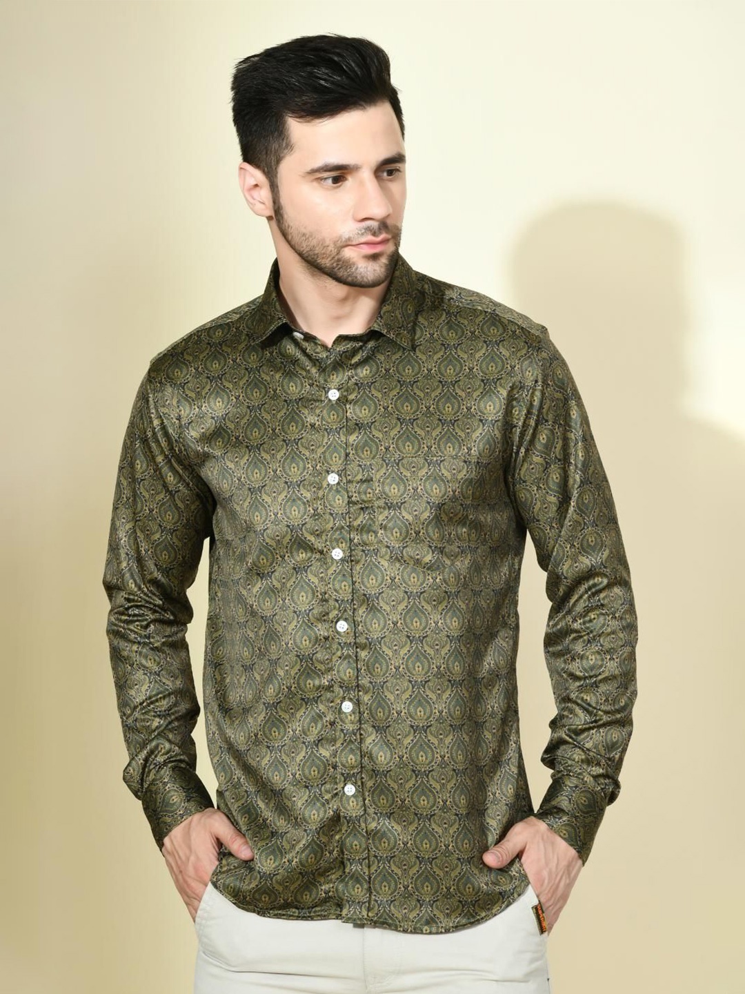 

PEBCO Men Classic Slim Fit Opaque Printed Casual Shirt, Green