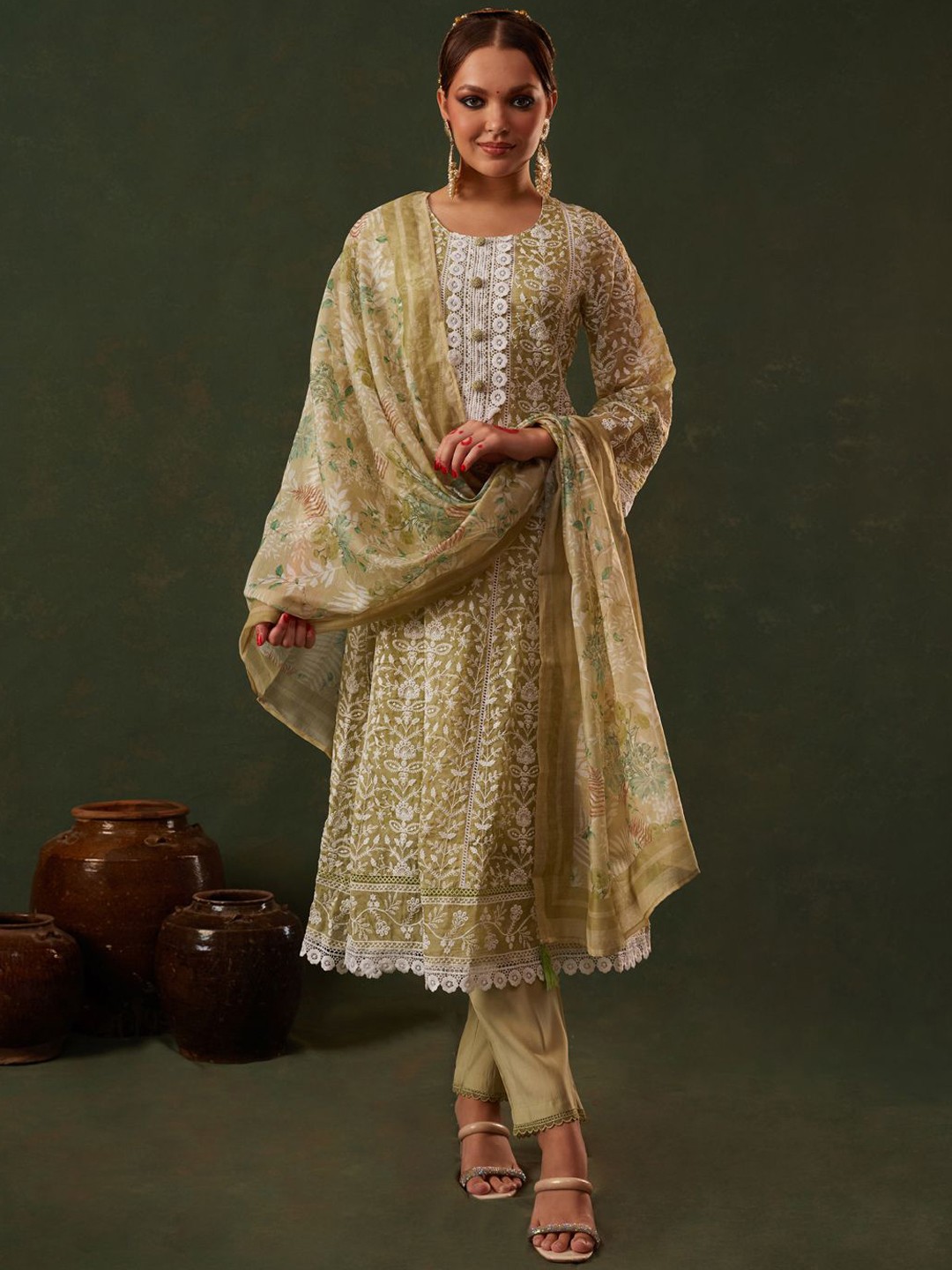 

HEEPOSH Floral Embroidered Organza A-Line Kurta with Trousers & Dupatta, Green