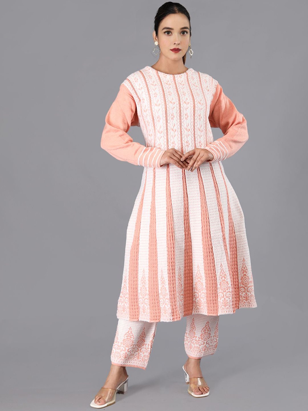 

TYSORT Ethnic Motifs Woven Design Knitted Weave A-Line Kurta With Trouser, Peach