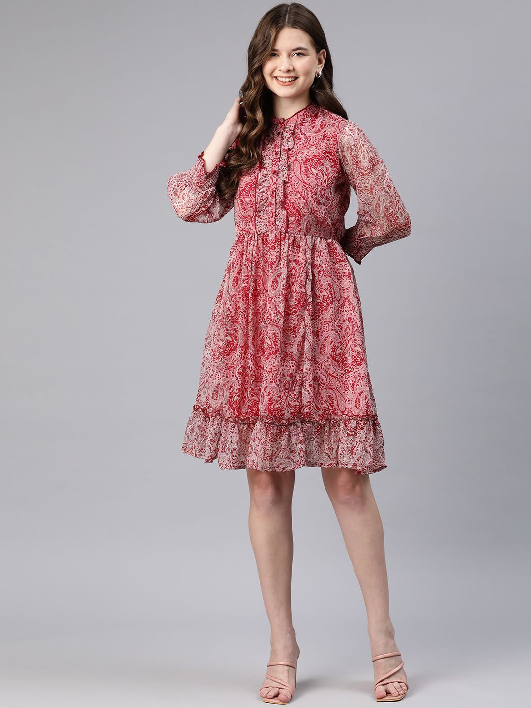 

Nayam By Lakshita Women Printed Puff Sleeve Chiffon Fit & Flare Dress, Magenta