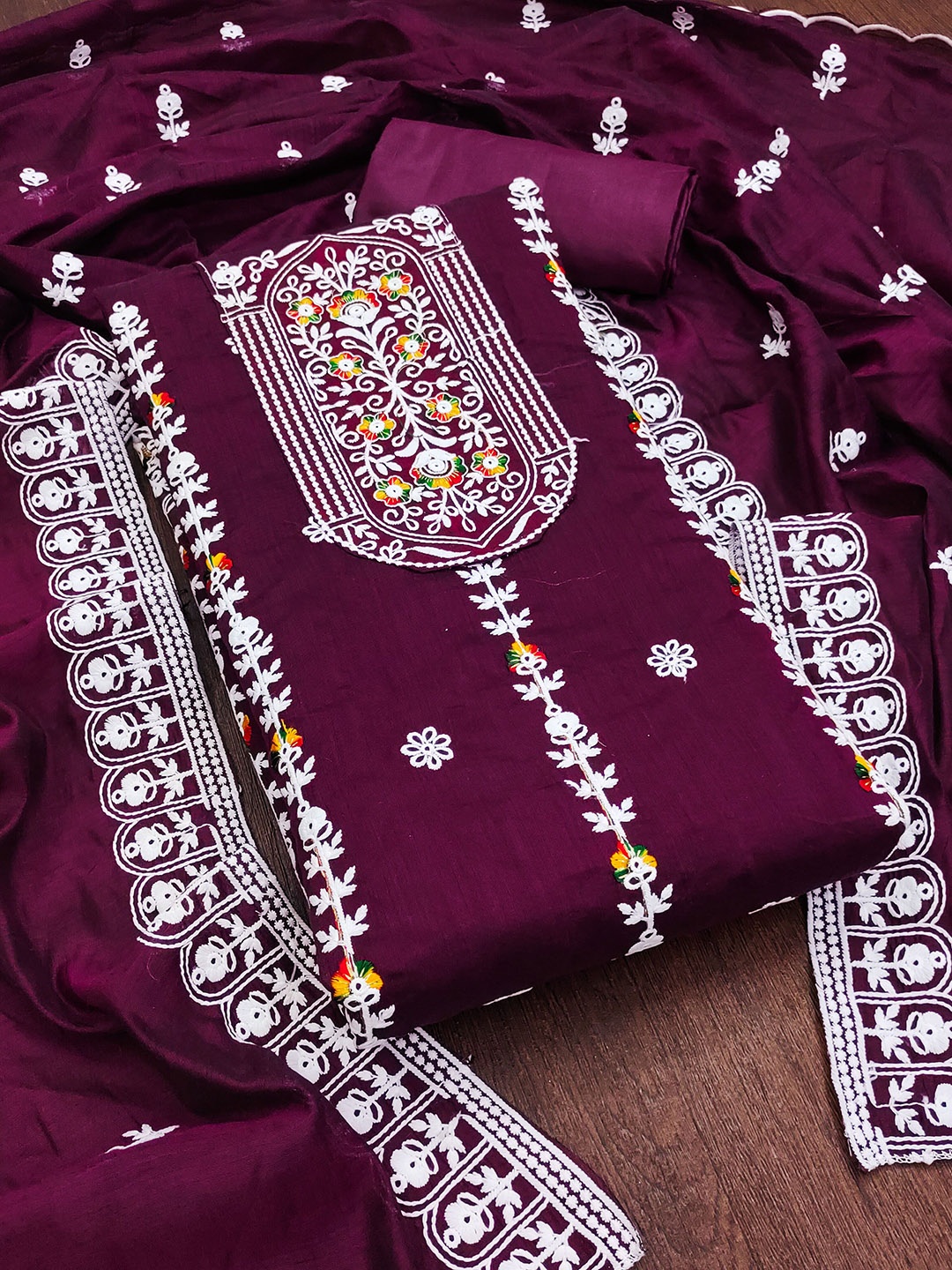 

Ishin Floral Embroidered Unstitched Dress Material, Purple
