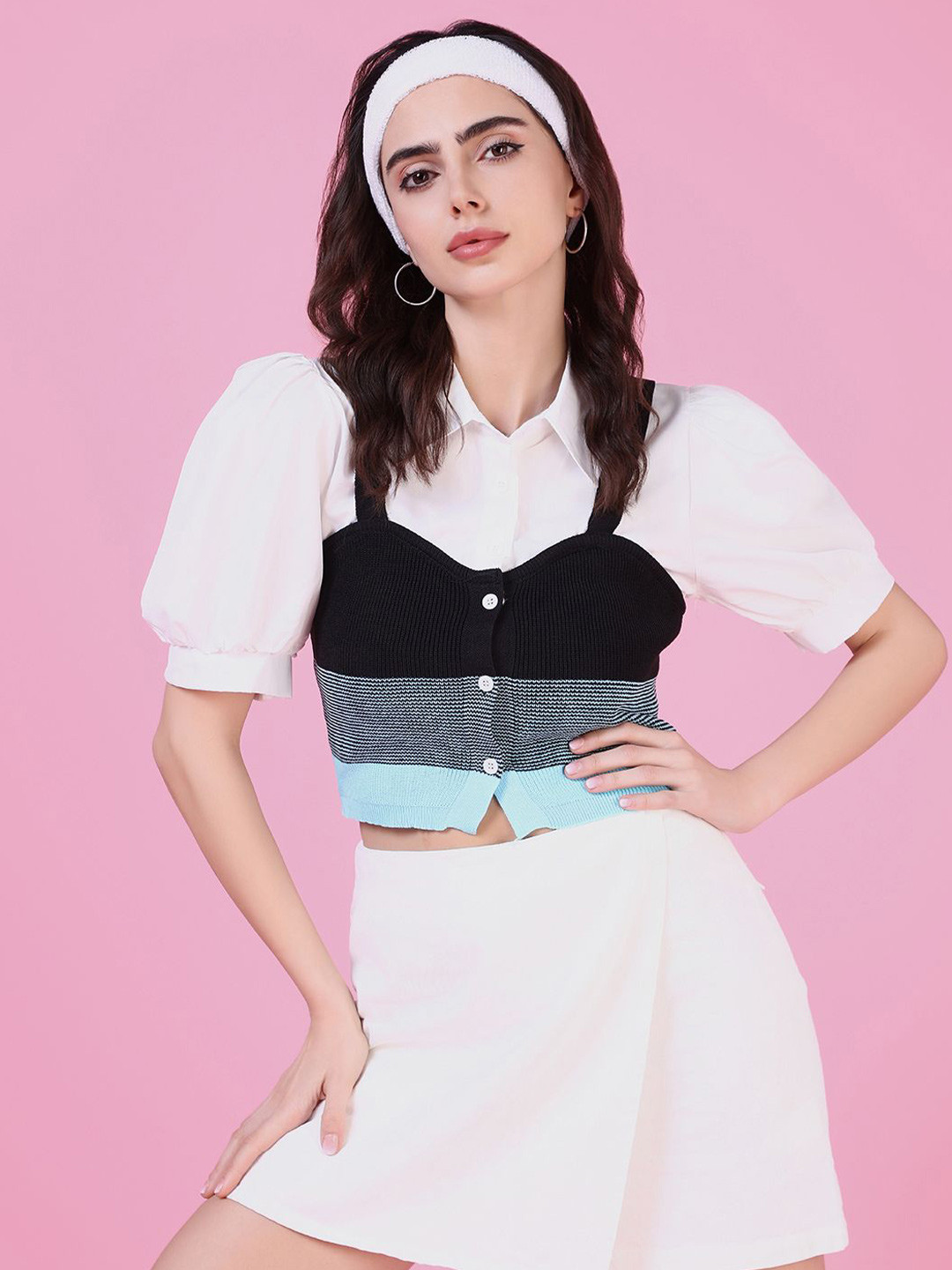 

SHOWOFF Puff Sleeve Shirt Style Top, Blue