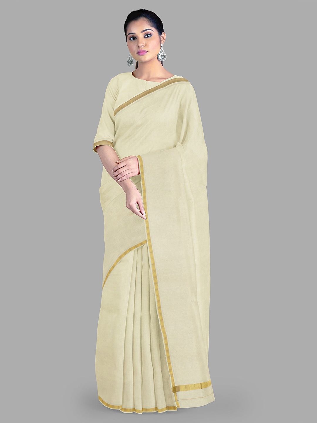 

The Chennai Silks Zari Pure Cotton Kasavu Saree, Off white