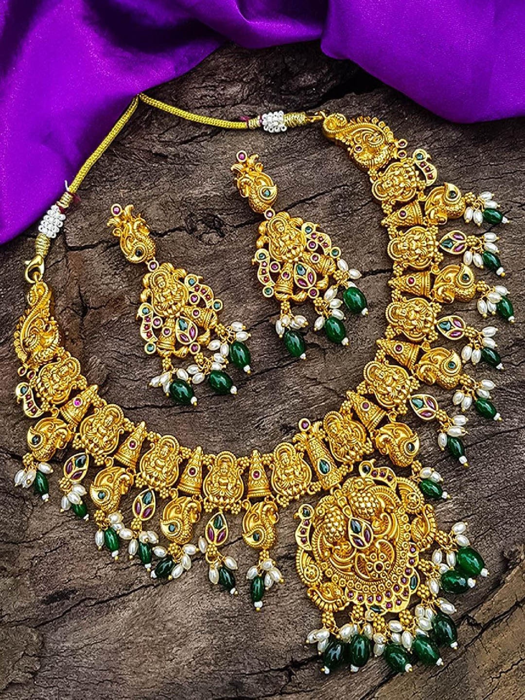 

GRIIHAM Gold-Plated CZ Studded & Beaded Temple Jewellery Set
