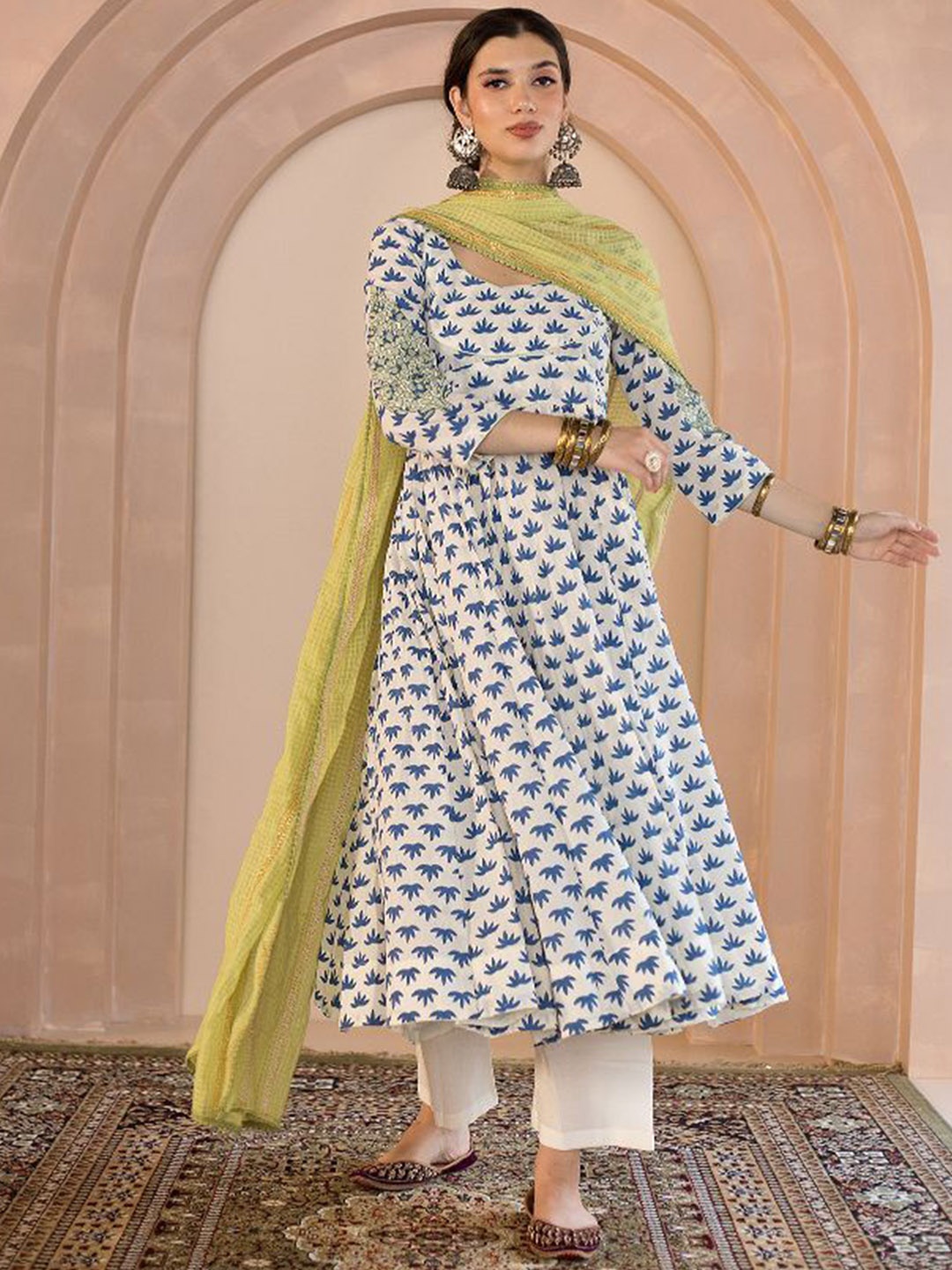 

GulaboJaipur Floral Printed Empire Pure Cotton Anarkali Kurta with Pyjamas & Dupatta, White
