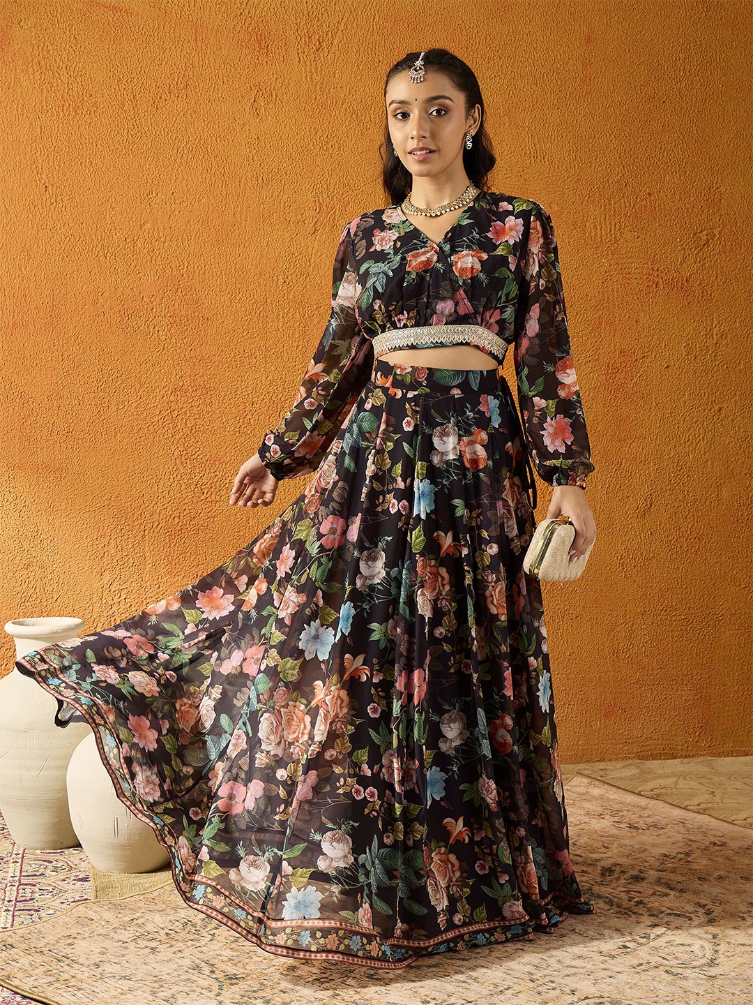 

Noh.Voh - SASSAFRAS Kids Girls Printed Ready to Wear Lehenga & Choli, Black