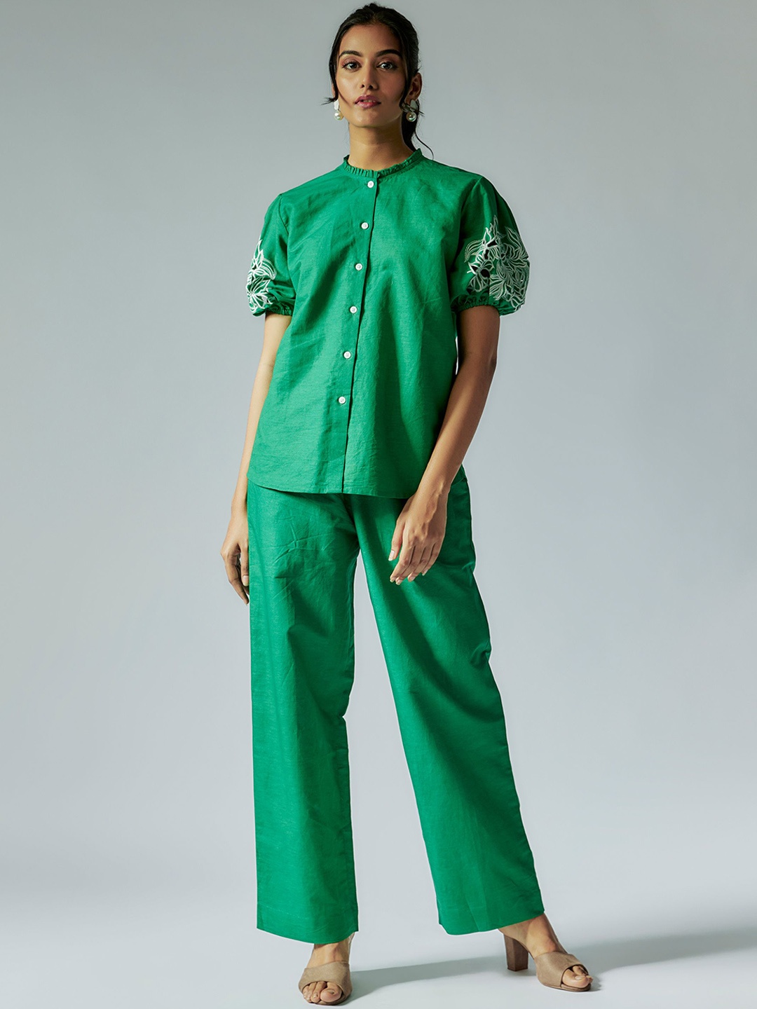 

Maisolos Round Neck Cotton Linen Shirt & Trousers, Green