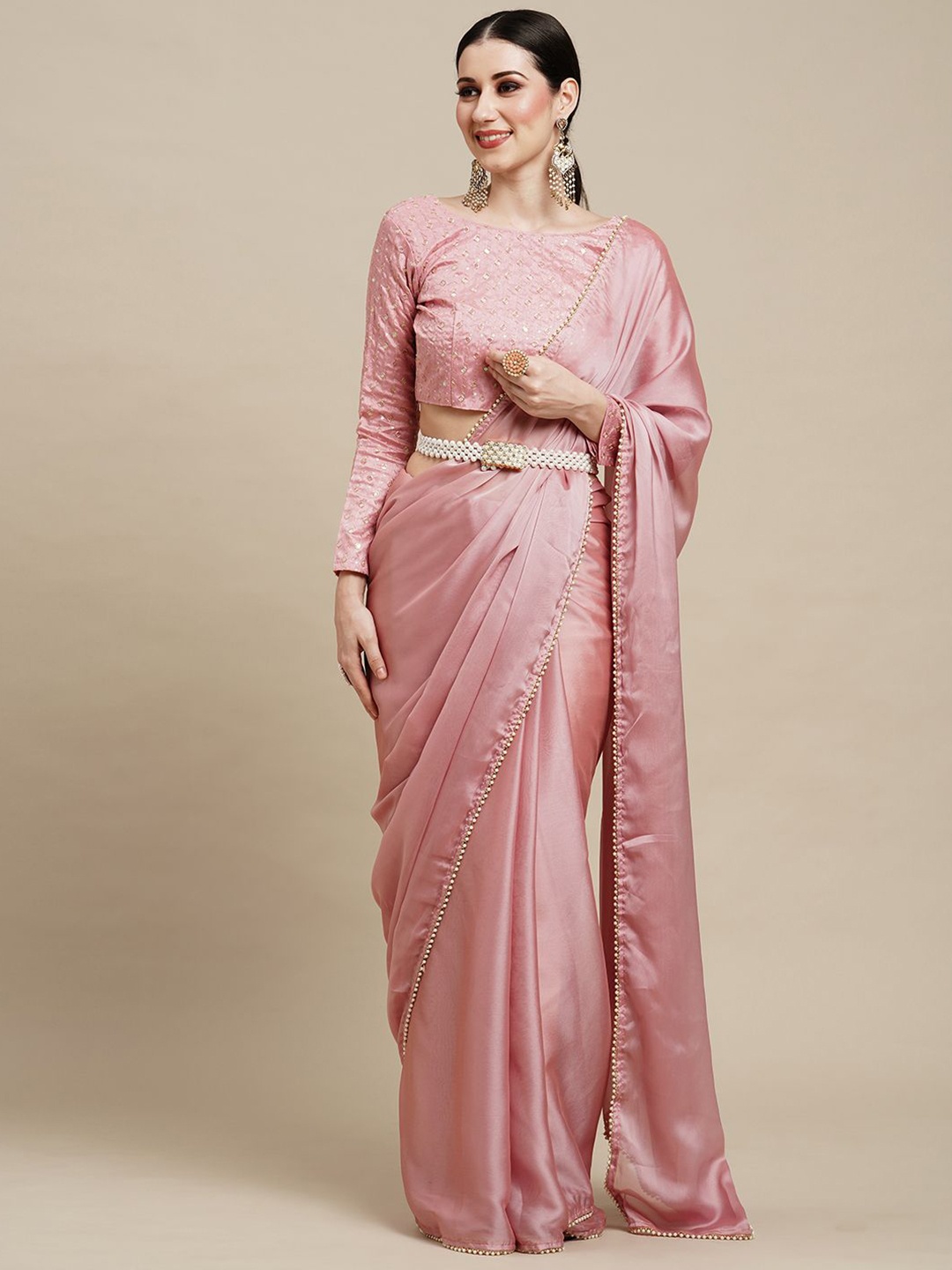 

KALINI Solid Beads and Stones Poly Georgette Saree, Pink