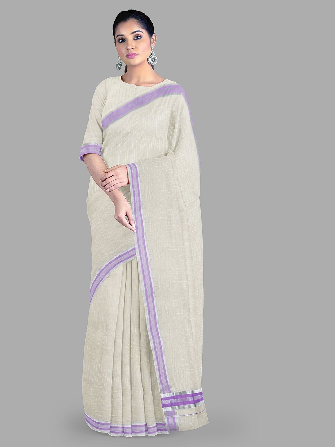 

The Chennai Silks Striped Woven Design Zari Pure Cotton Kasavu Saree, Off white