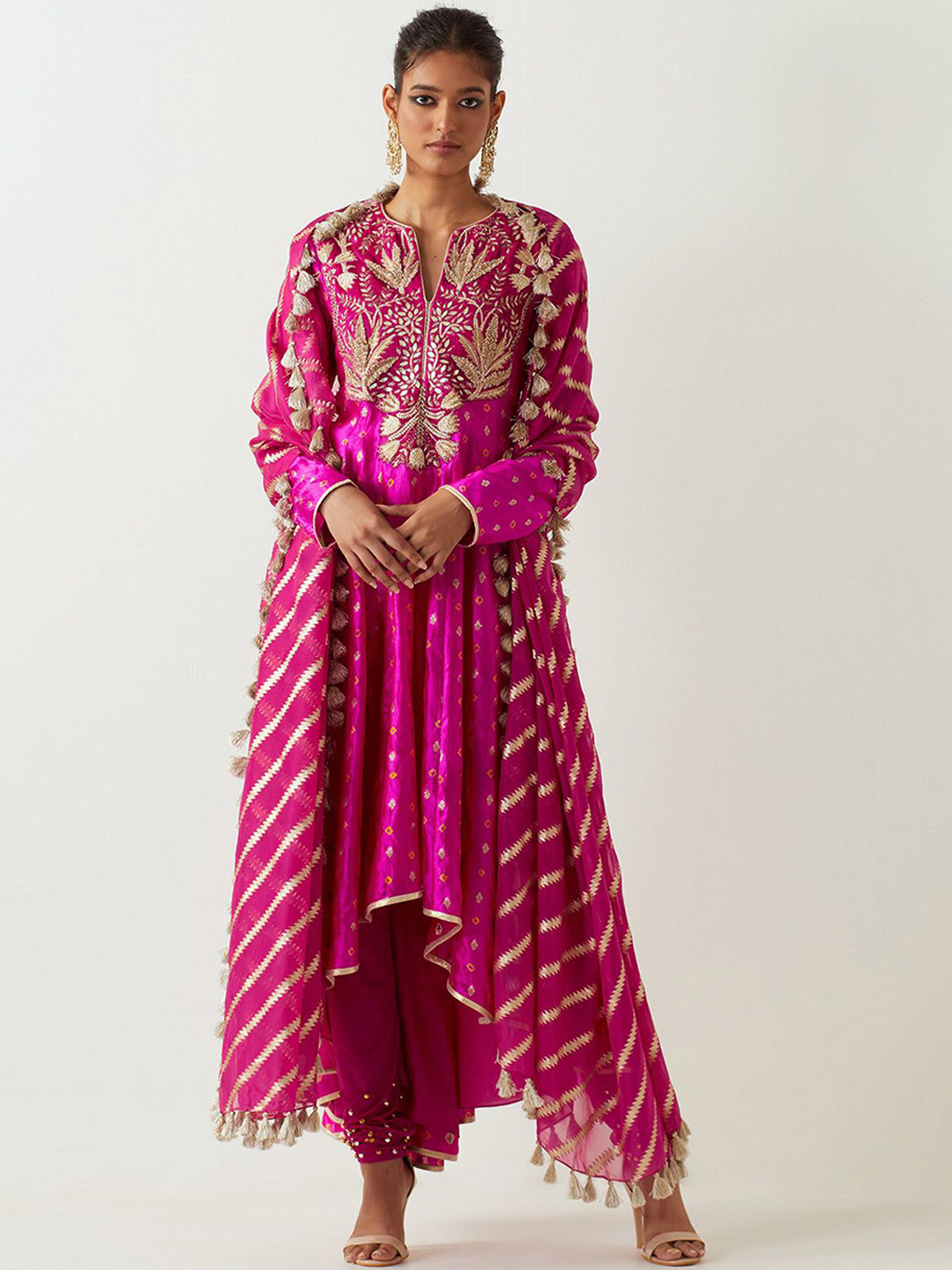 

Payal Singhal Floral Embroidered Anarkali Kurta & Churidar With Organza Dupatta, Pink
