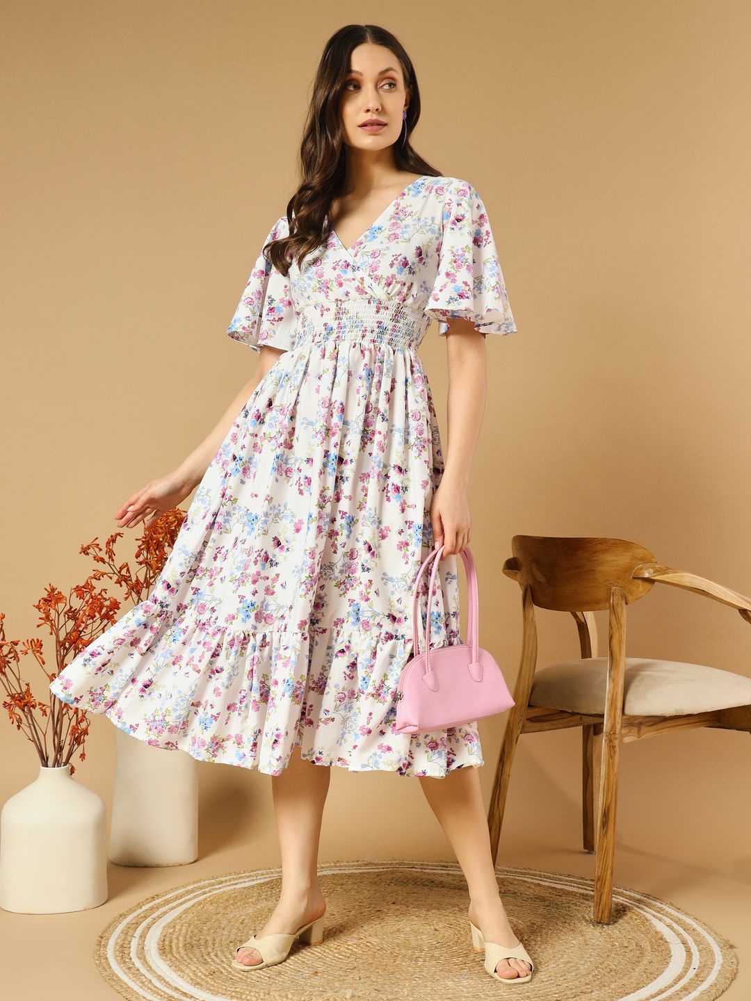 

OTABU Floral Printed Flared Sleeve Crepe Fit and Flare Midi Dress, Purple