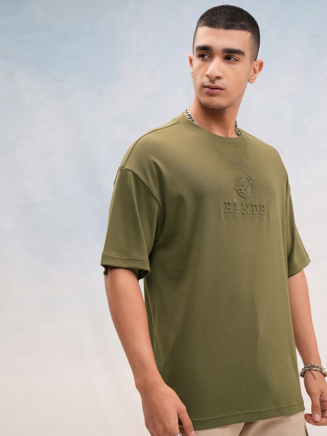 

HIGHLANDER Men Brand Logo Printed Round Neck Cotton Oversized T-shirt, Olive