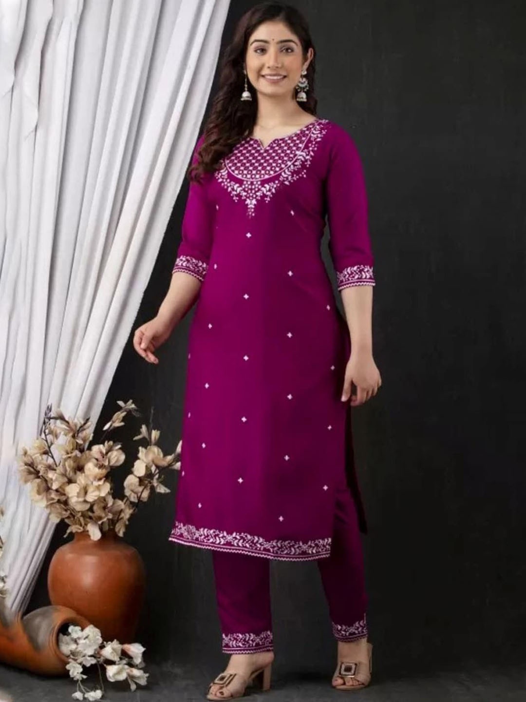 

KALINI Floral Printed Notch Neck Straight Kurta with Trousers, Magenta