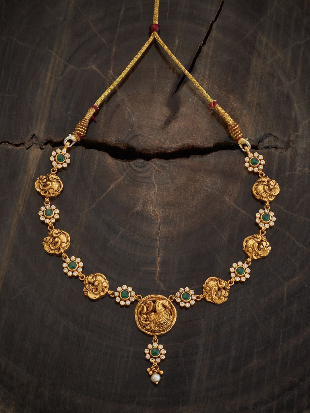 

Kushal's Fashion Jewellery 92.5 Pure Silver Gold-Plated Stone Studded Antique Necklace