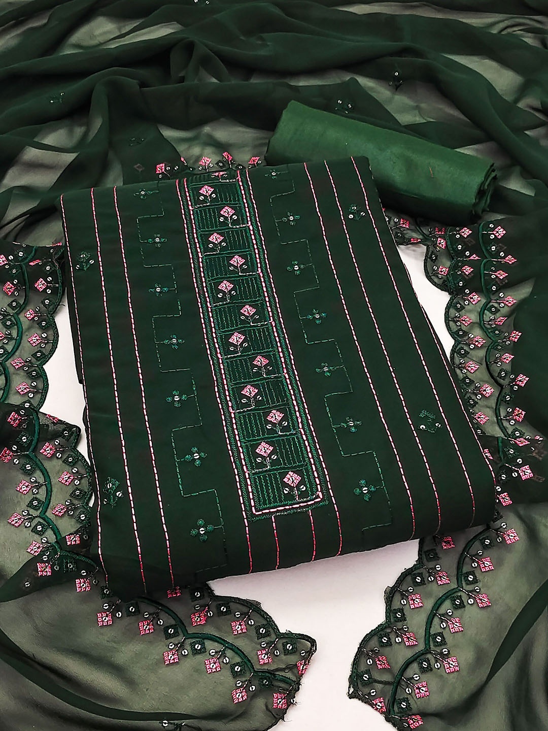 

Ishin Geometric Embroidered Sequinned Silk Georgette Unstitched Dress Material, Green