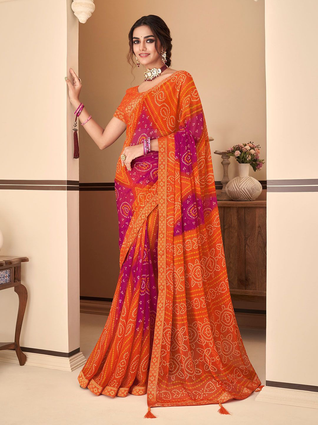 

KALINI Bandhani Printed Saree, Orange