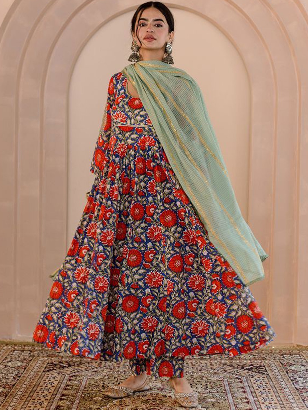 

GulaboJaipur Floral Printed Empire Pure Cotton Anarkali Kurta With Pyjamas & Dupatta, Blue