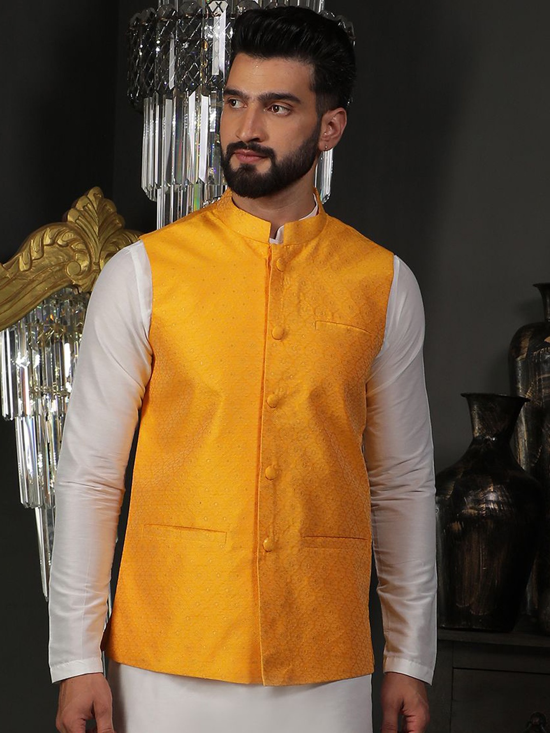 

DEYANN Men Woven Design Mandarin Collar Nehru Jacket, Yellow