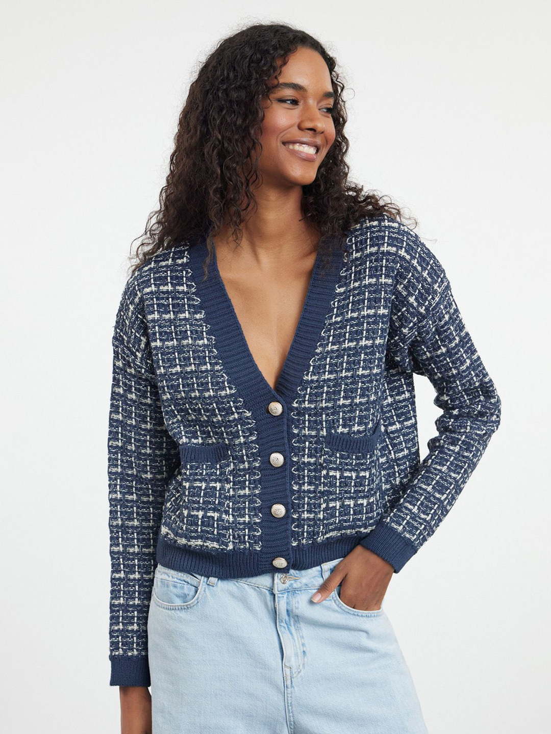 

Trendyol Women Checked Crop Cardigan, Blue
