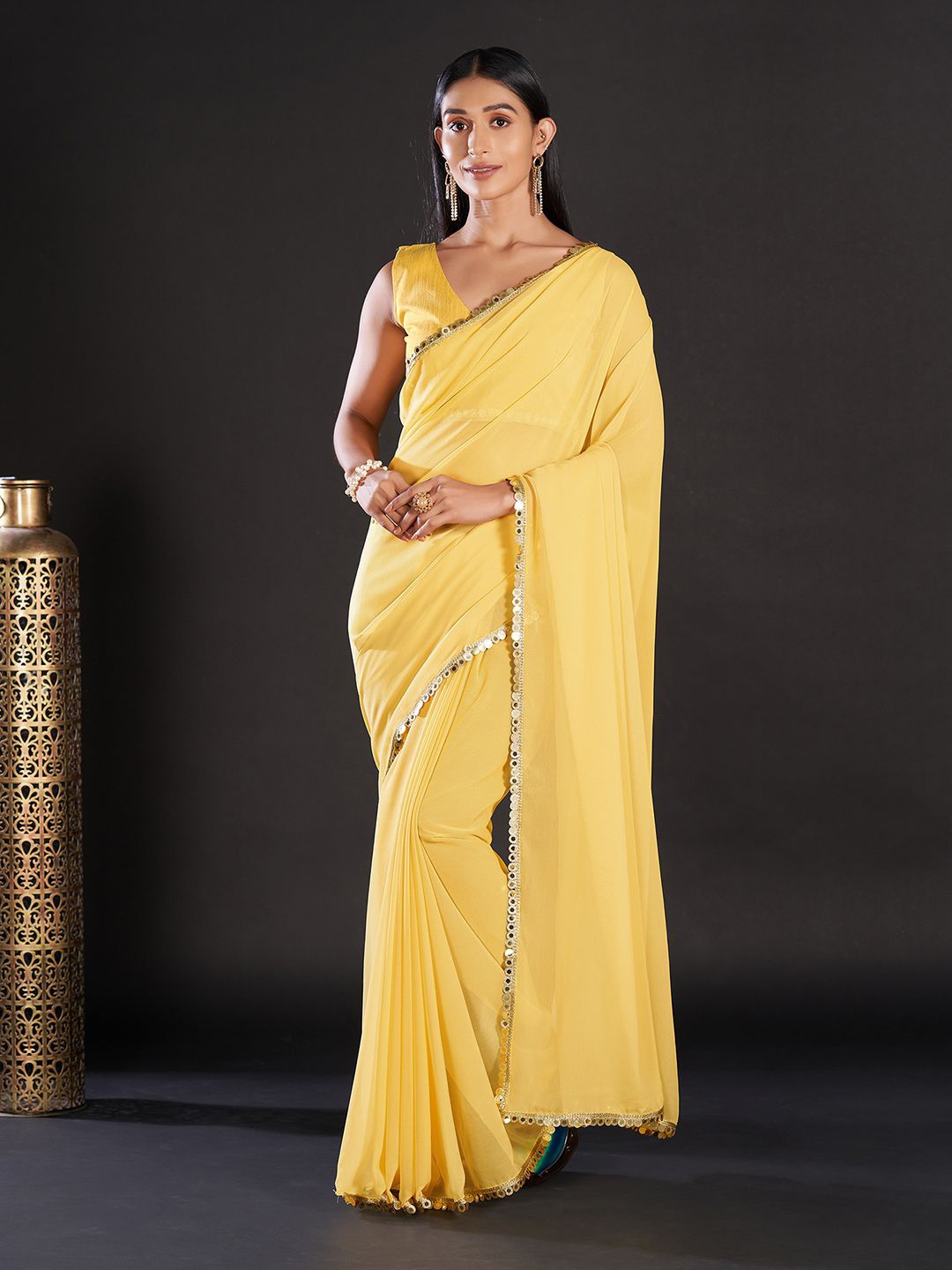 

KALINI Solid Ethnic Embellished Party Wear Saree with Matching Blouse, Yellow