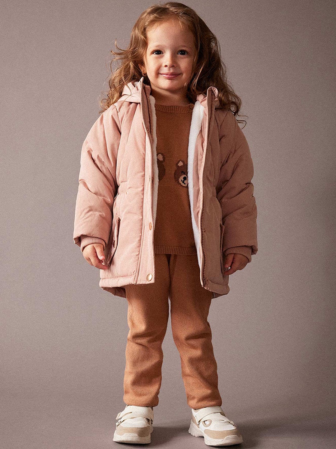 

DeFacto Girls Solid Hooded Longline Jacket, Peach