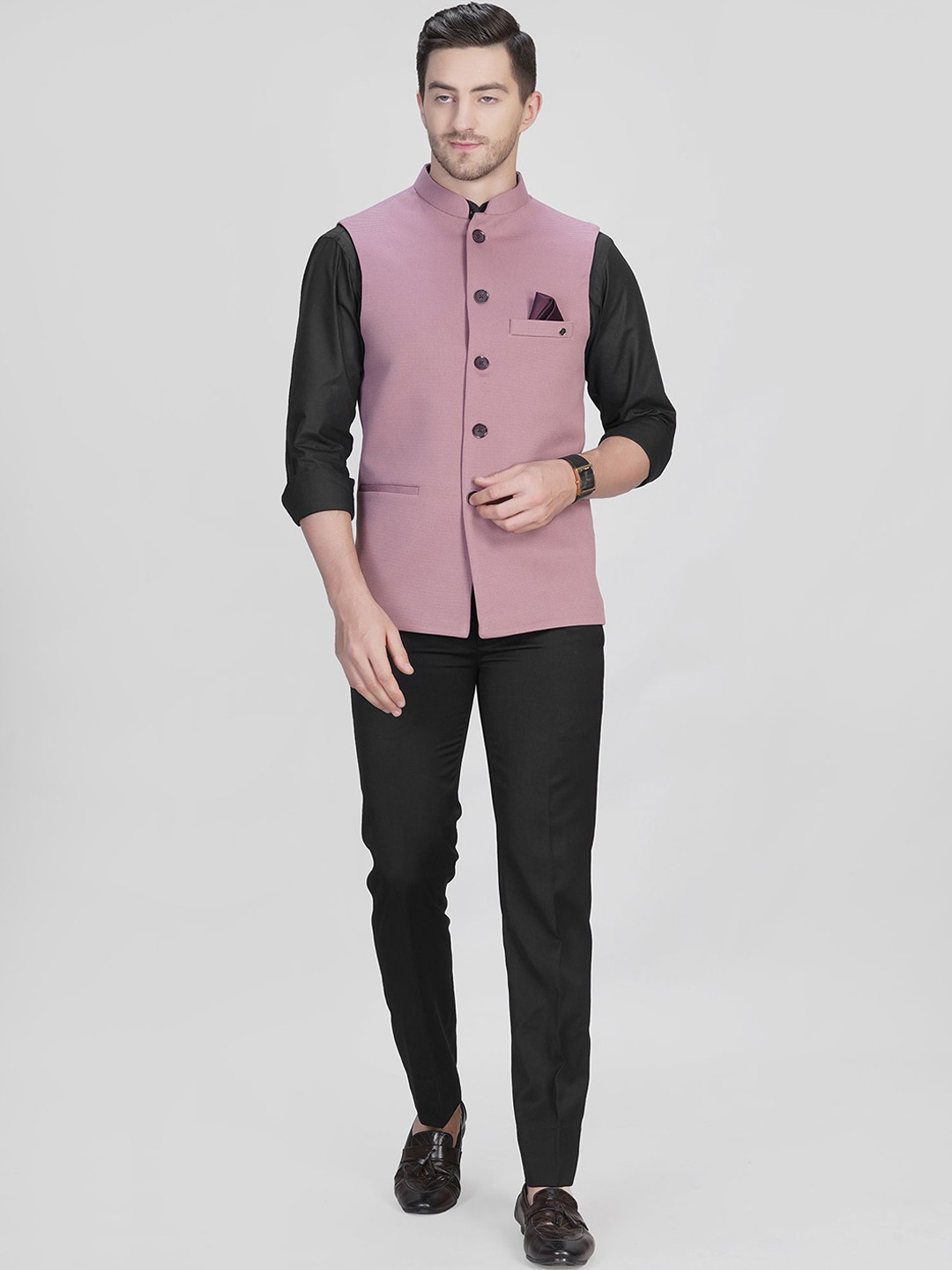 

LA'SCOOT Woven Design Mandarin Collar Nehru Jacket, Pink