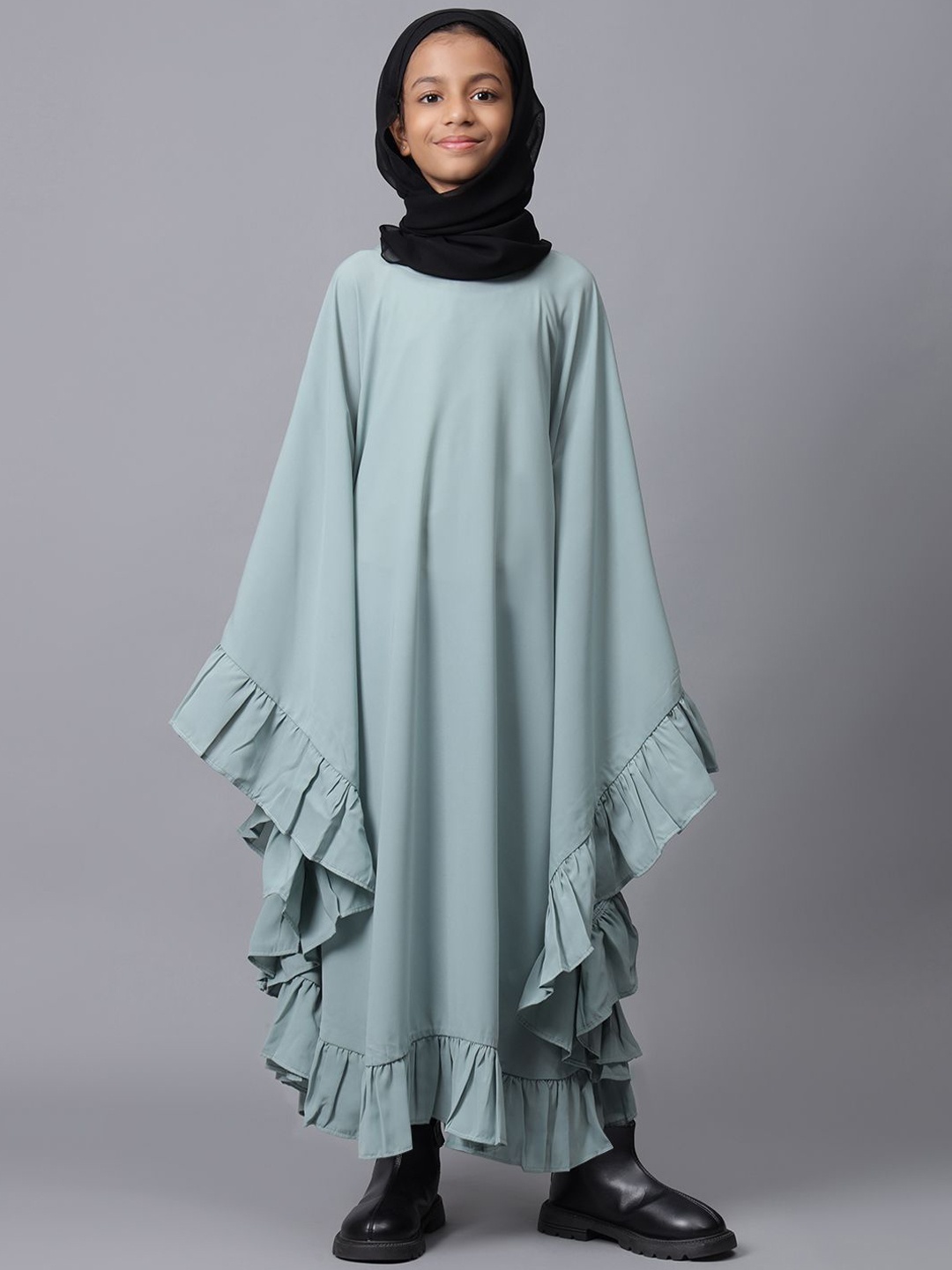 

NABIA Kids-Girls Loose Fit Ruffle Detail Kaftan Abaya Dress, Sea green