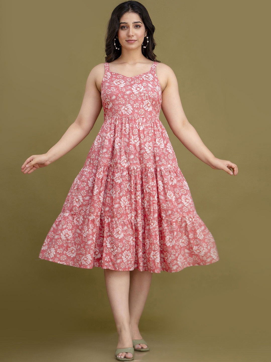 

Shrivani Floral Printed Tiered Cotton Fit & Flare Dress, Pink