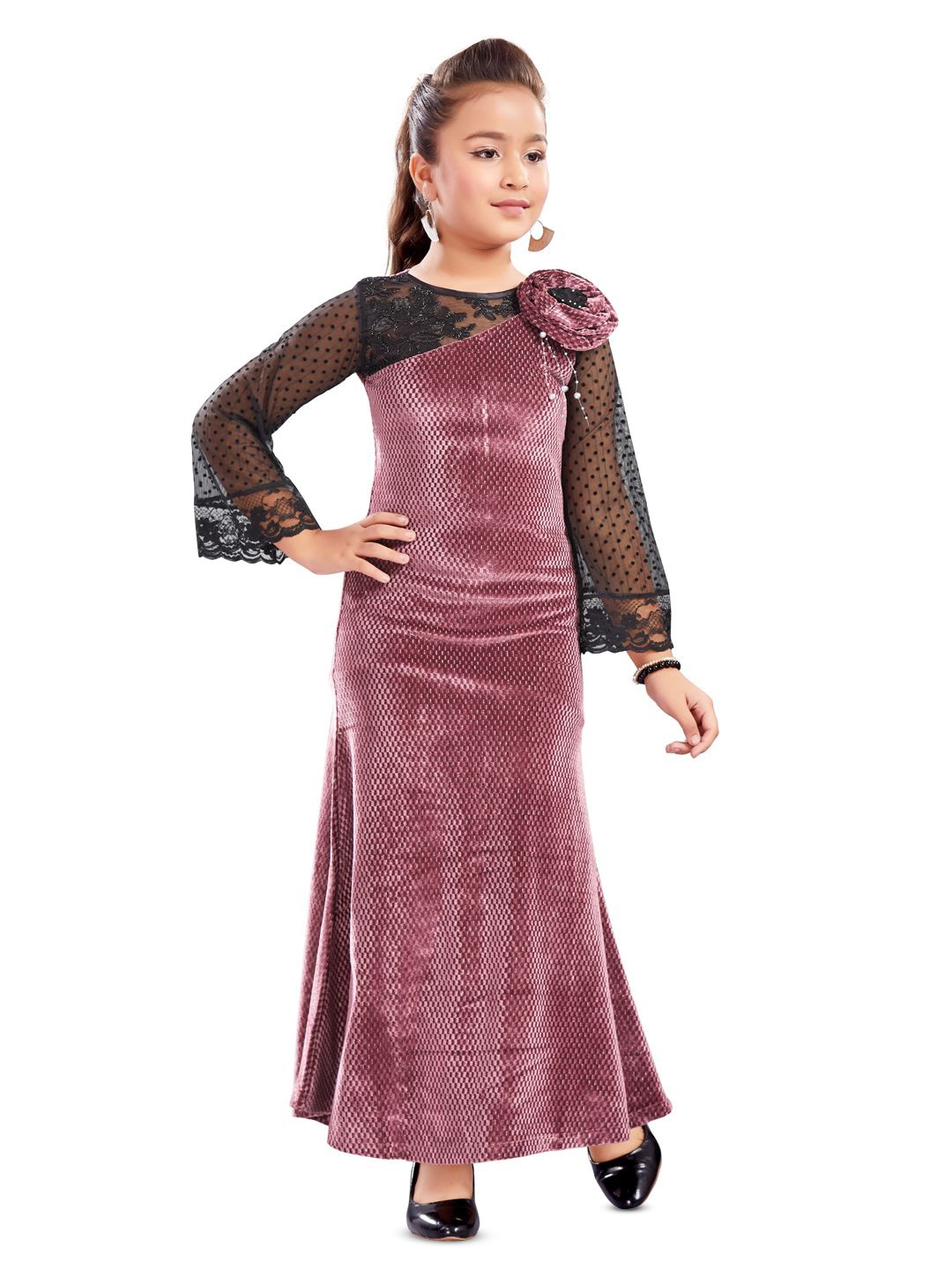 

Lei-Chie Girls Bell Sleeve Velvet Maxi Dress, Pink