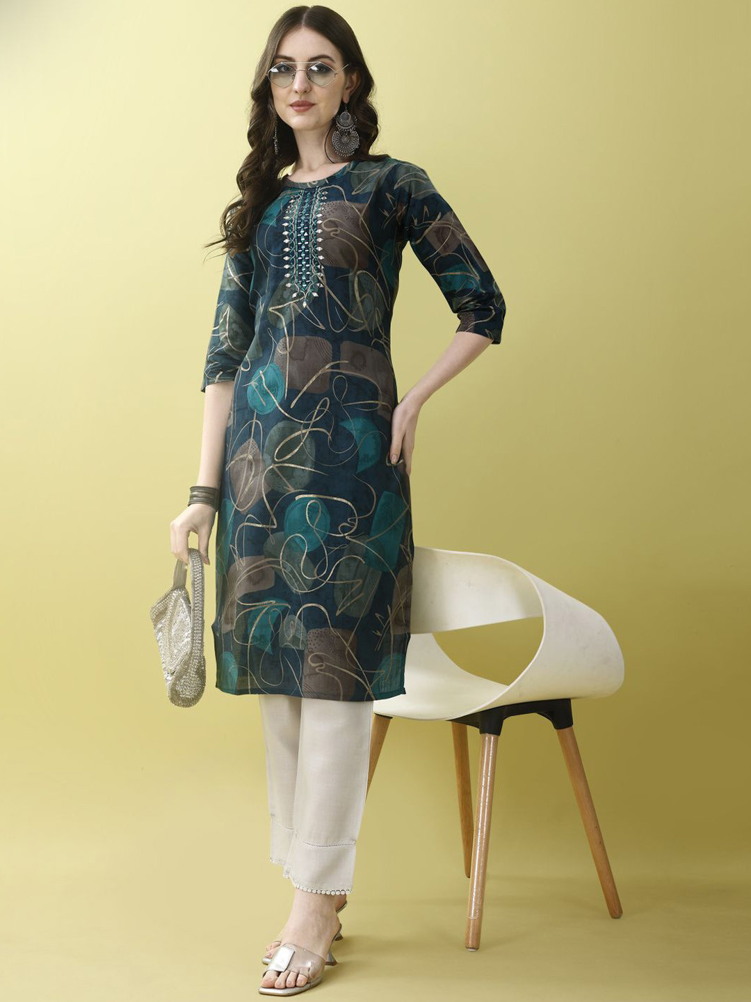 

KUNDAN FAB Floral Printed Thread Work Cotton Straight Kurta, Olive