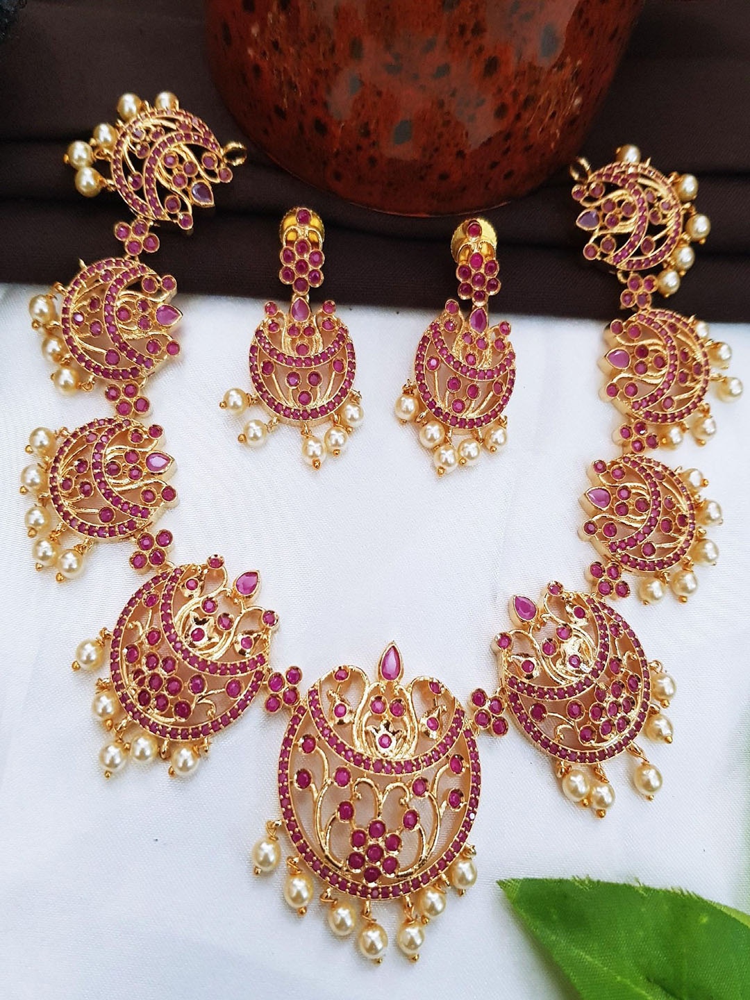 

GRIIHAM Gold-Plated CZ Studded & Beaded Brass Necklace and Earrings