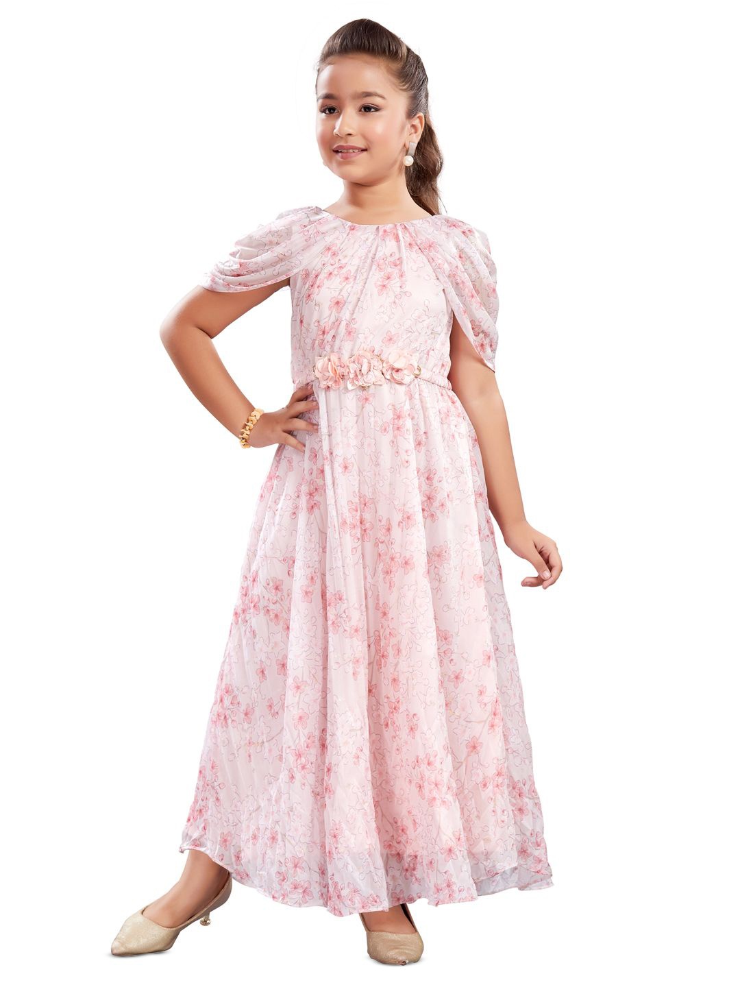 

Lei-Chie Girls Floral Printed Chiffon Maxi Dress, Peach