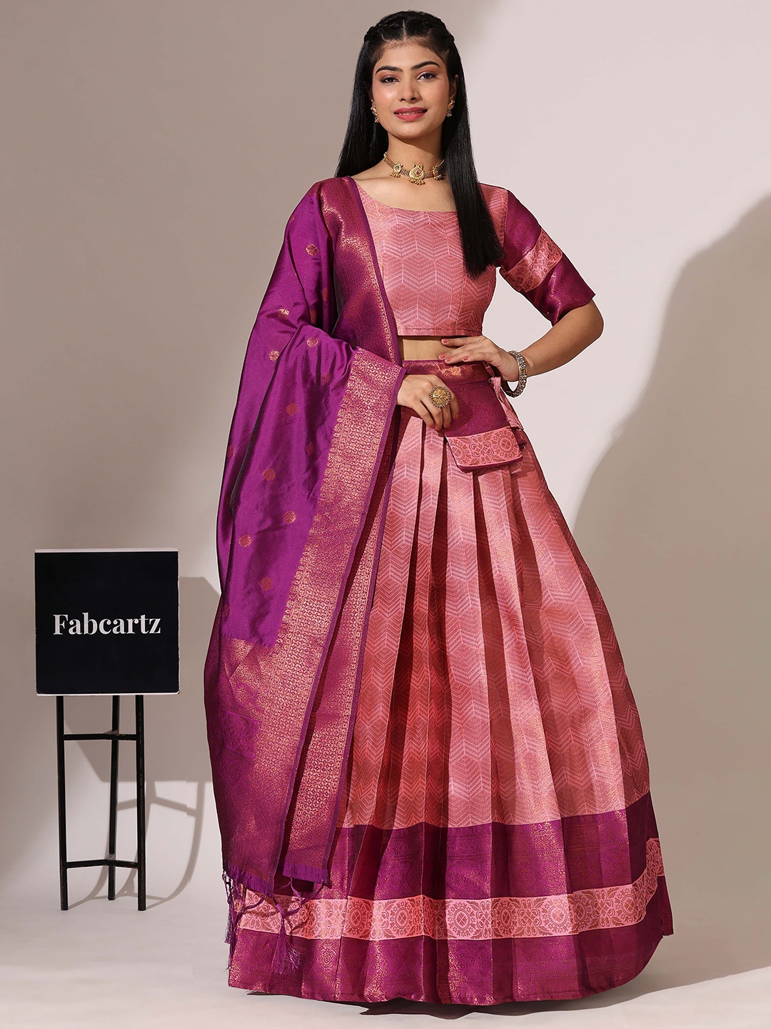 

Fabcartz Woven Design Semi-Stitched Lehenga & Unstitched Blouse With Dupatta, Pink