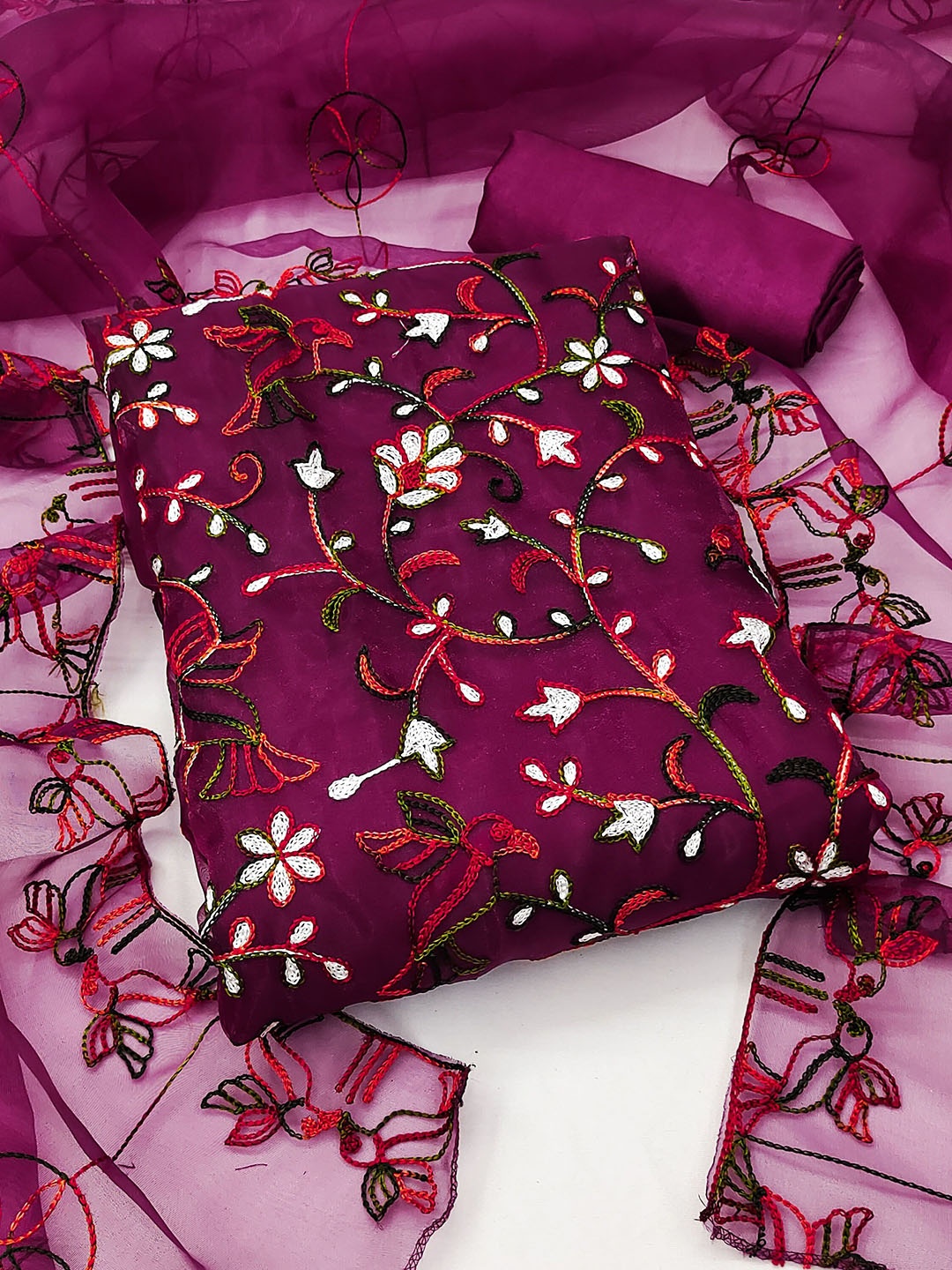 

Ishin Floral Embroidered Zari Work Organza Unstitched Dress Material, Magenta