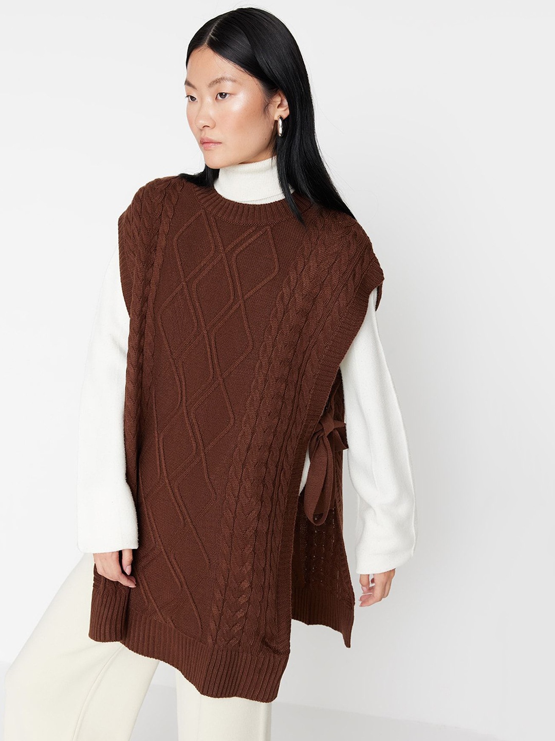 

Trendyol Women Cable Knit Longline Pullover, Brown