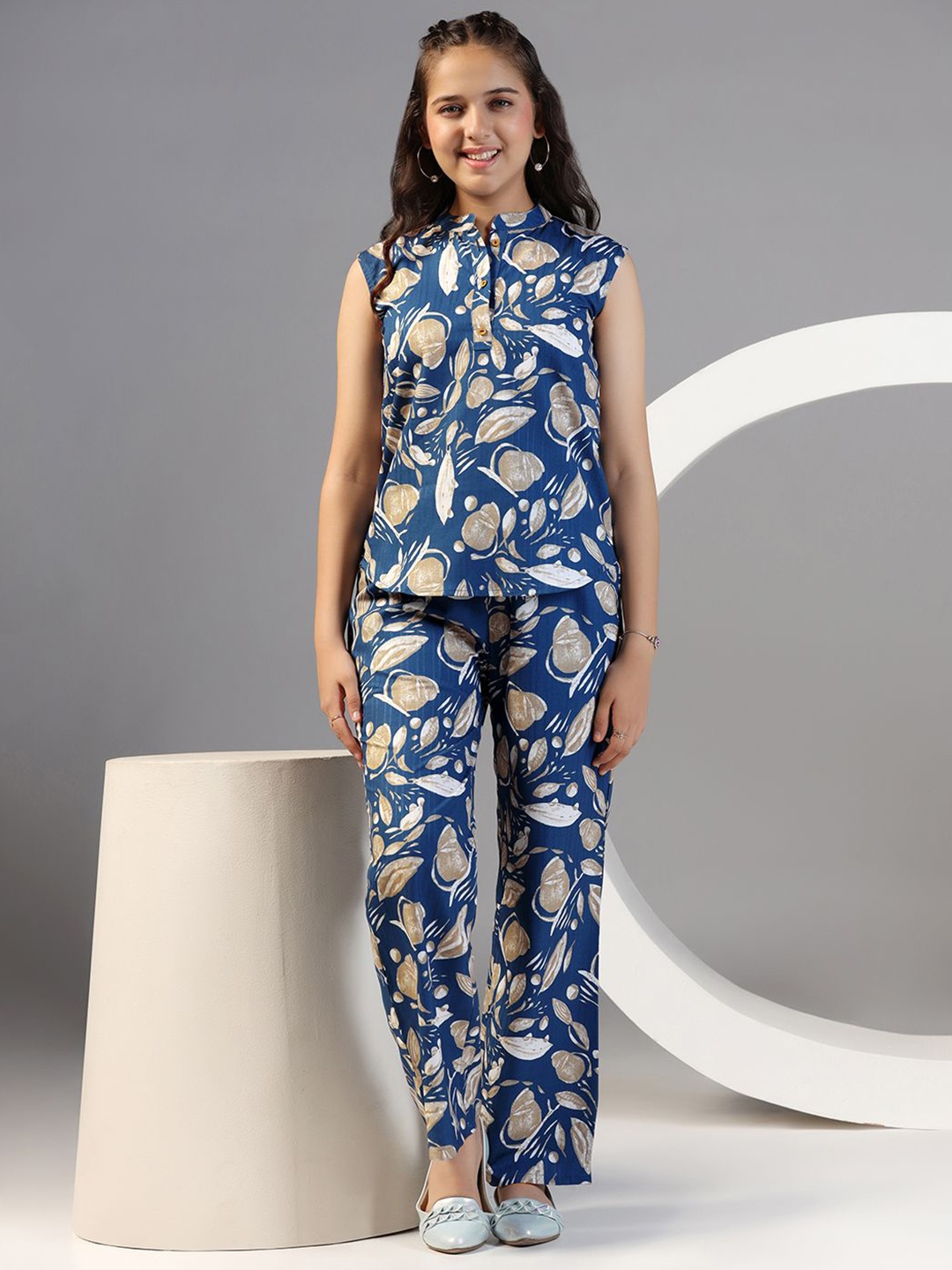 

BAESD Girls Printed Mandarin Collar Sleeveless Cotton Blend Top with Trousers, Blue