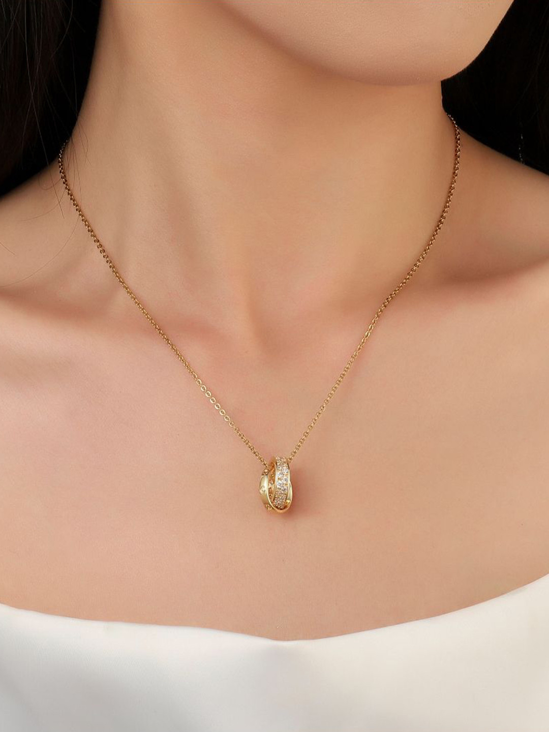 

SALTY Stainless Steel Stone Studded Looped Rings Pendants with Chains, Gold
